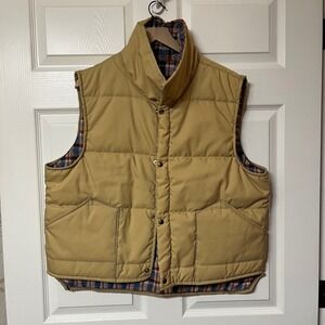 Vintage Puffer Vest Mens Size XL Tan Plaid Lined Snap Front Outdoor